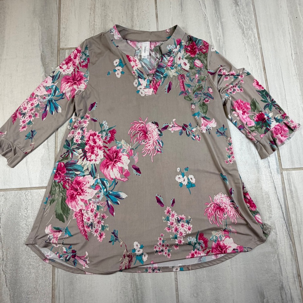 Honeyme Floral Tunic Womens Small BrownPink Ruffle Sleeve V-Neck GABBYRF-8016